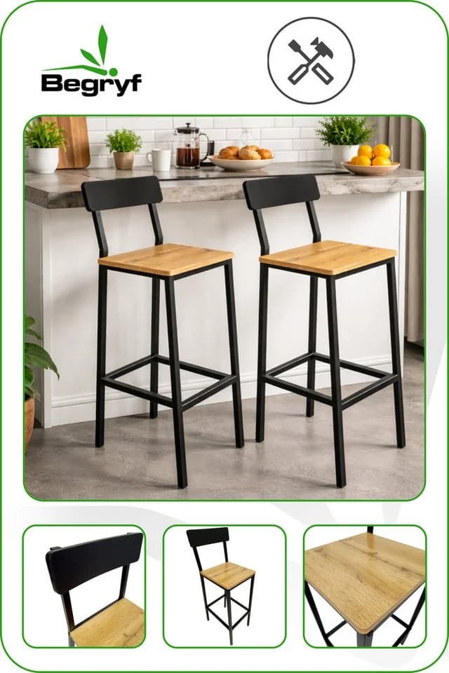 BEGRYF Barhocker 2er-Set mit Rückenlehne Schwarz Eichefarben