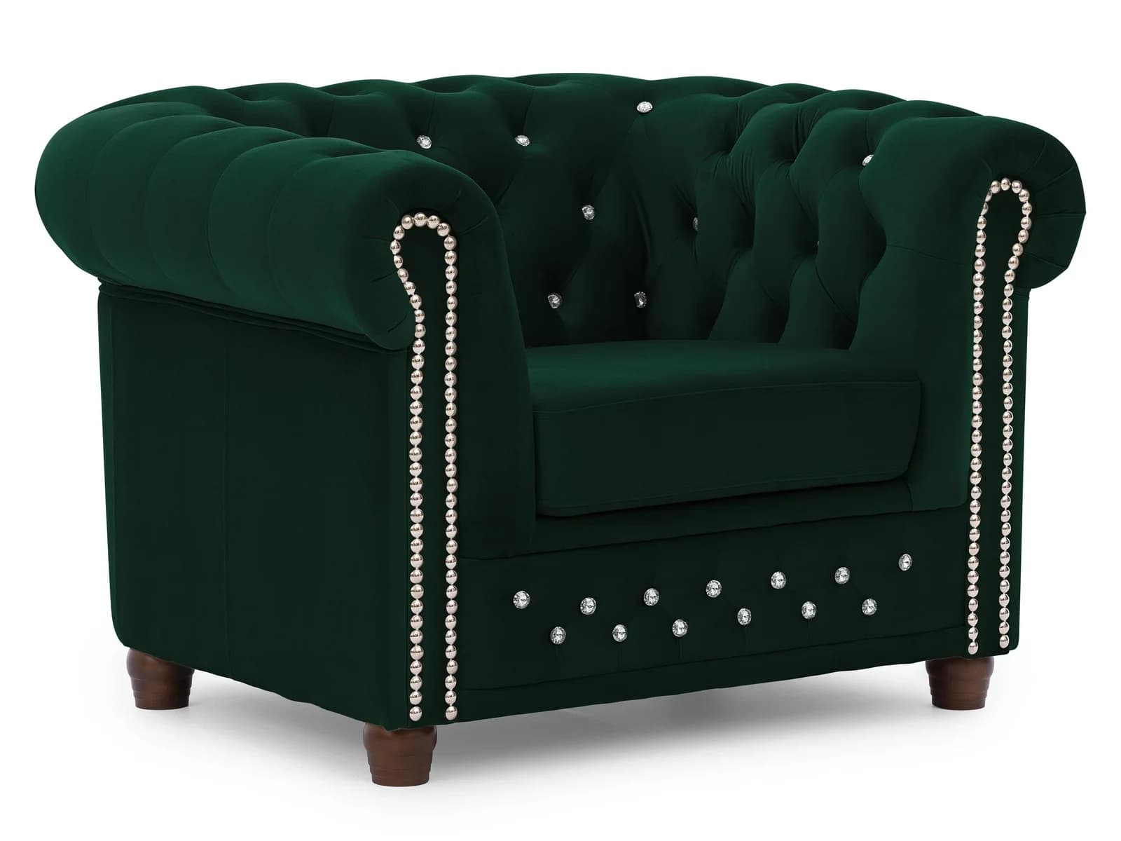 Cleo Chesterfield Sessel Flasche Grün Samt Kristallsteppung Massivholzfüße