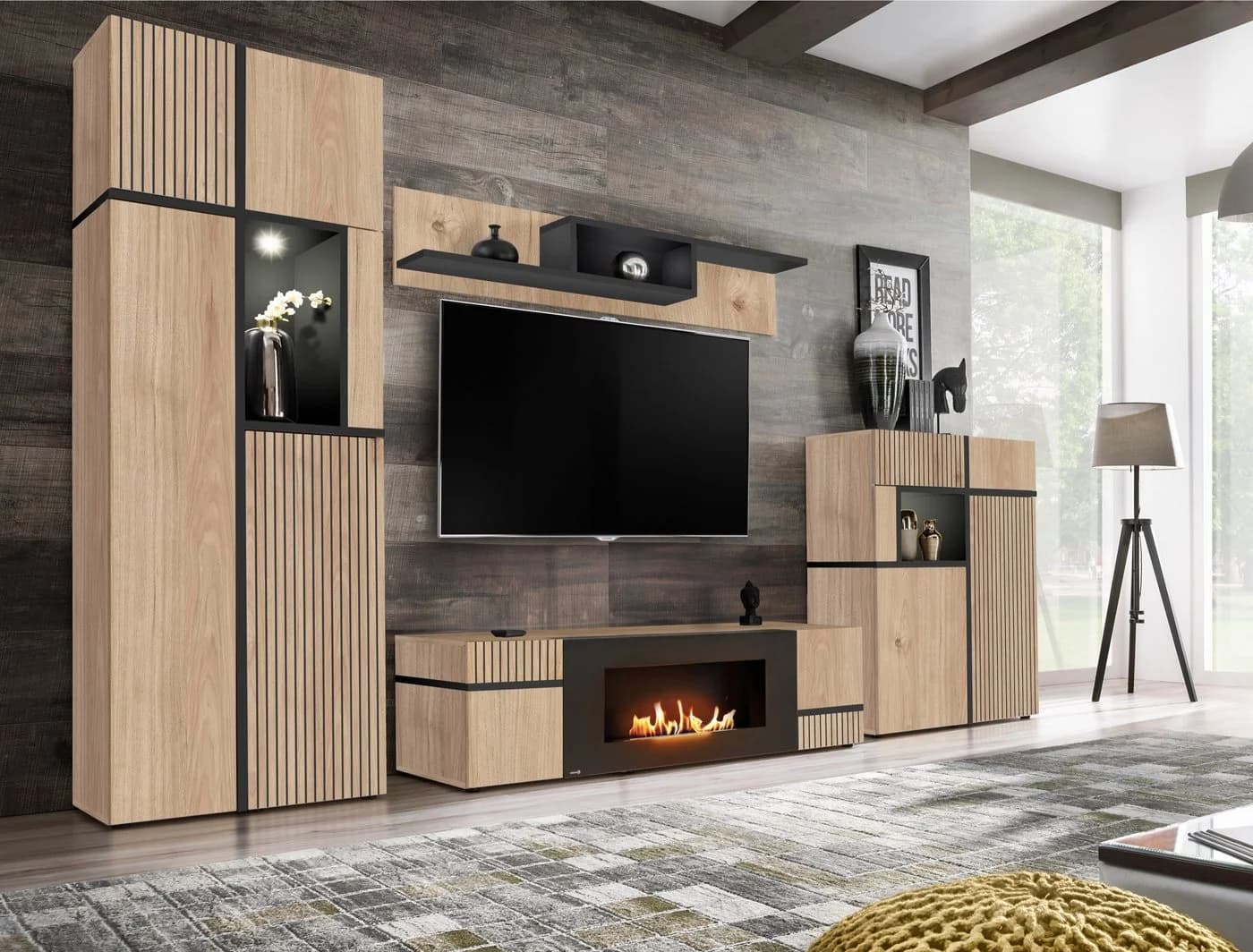 ASM-Moebel Wohnwand CROSS CS-K mit Bio-Ethanol Kamin und LED
