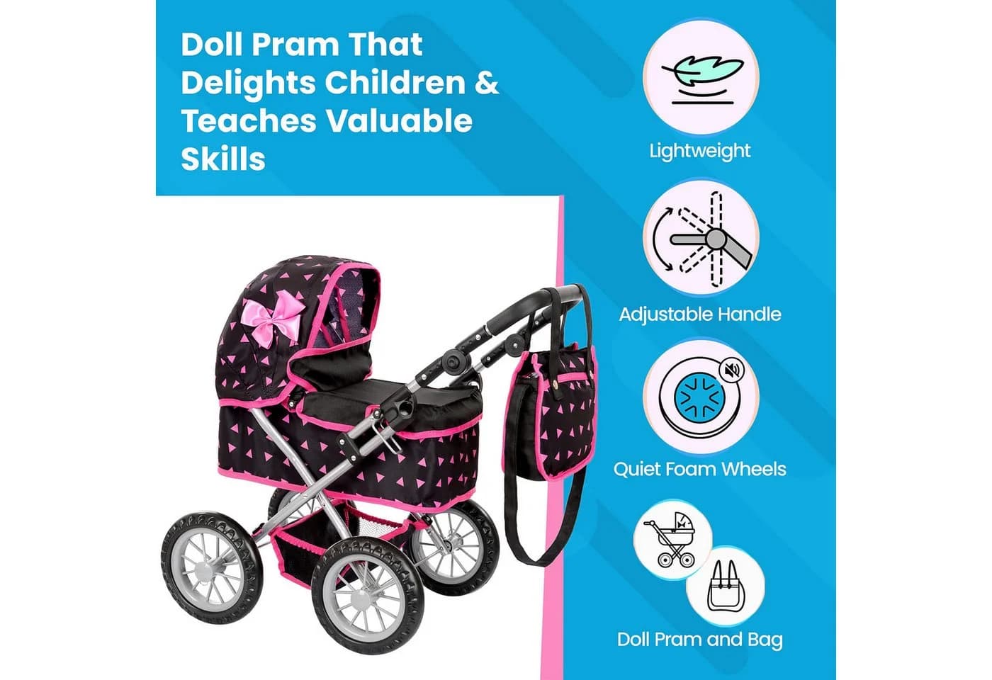 kinderplay Puppenwagen höhenverstellbar mit Tasche und Verdeck