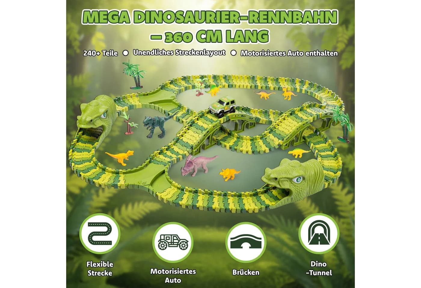 kinderplay Autorennbahn Dinosaurier Rennbahn 360 cm – flexibles Spielset