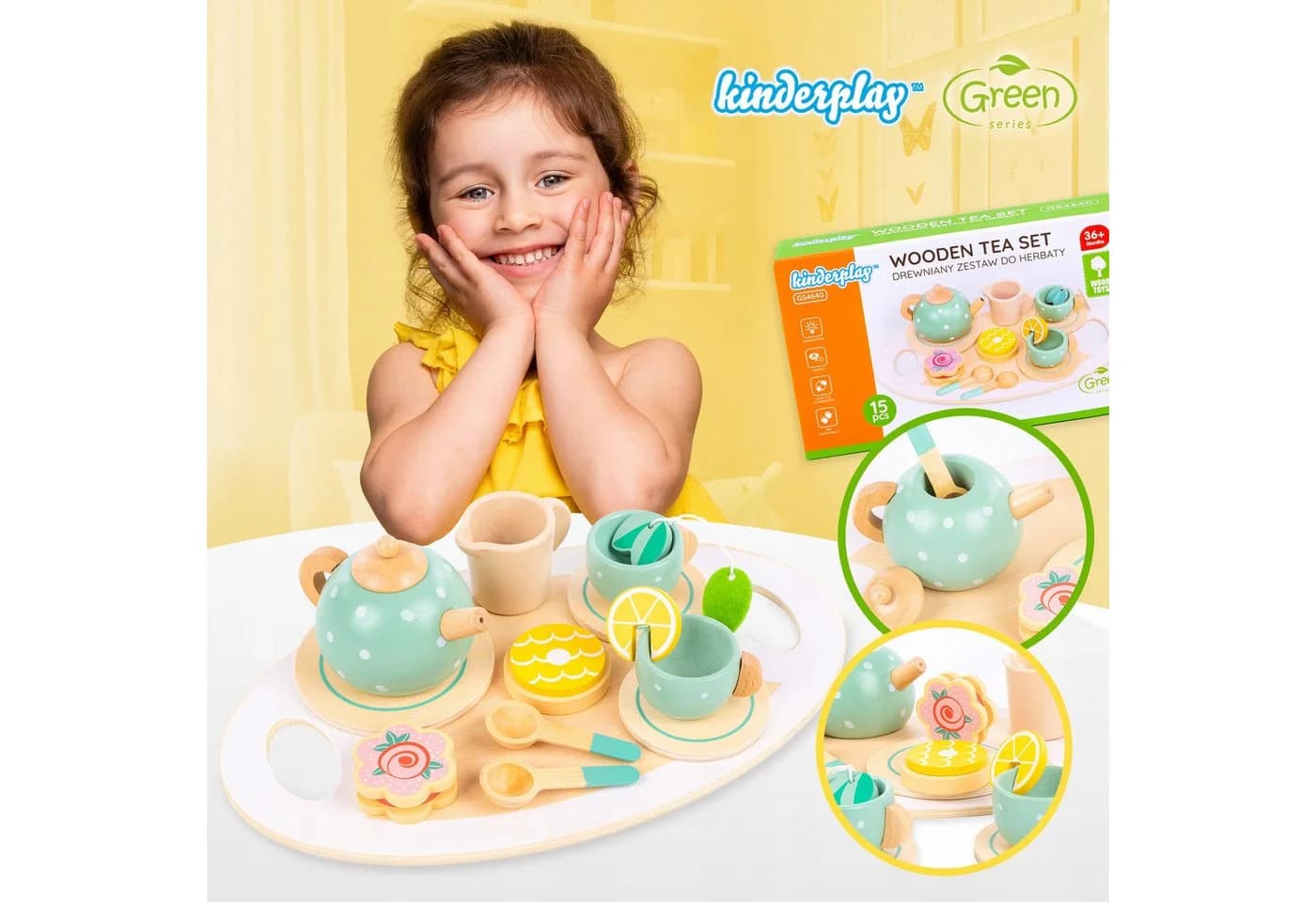 kinderplay Holz Tee-Set für Kinder – kreatives Rollenspiel – 15-teiliges Zubehör