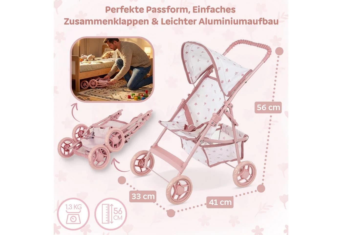 kinderplay Puppenbuggy Puppenwagen Buggy Leicht Faltbar Rosa