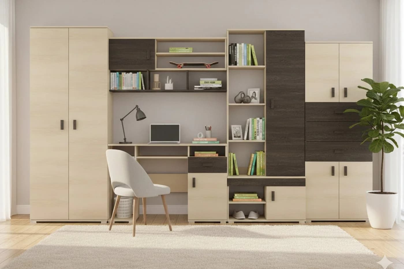 NICO Wohnwand 350 cm mit Schreibtisch Esche Eiche Canterbury