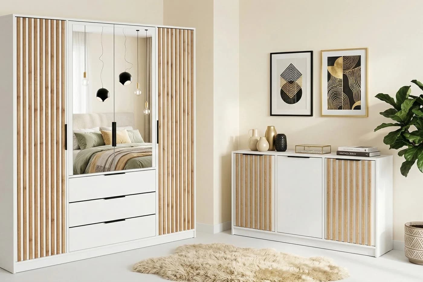 LABOO LUX Schlafzimmer-Set Eiche Wotan Schwarz Kleiderschrank & Kommode