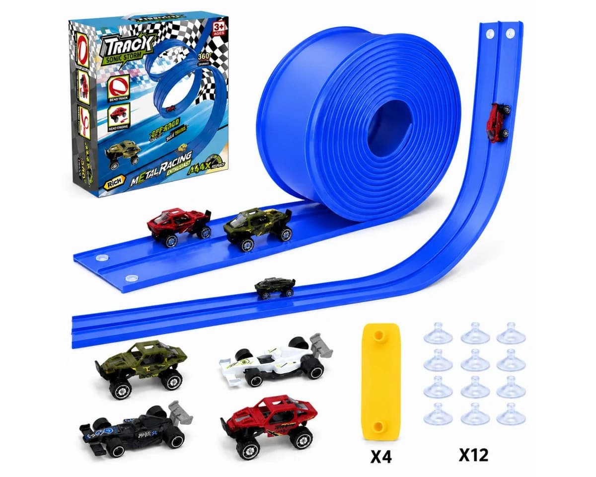 R2 Invest Flexible Autorennbahn 4m mit 360° Looping & 4 Metallautos