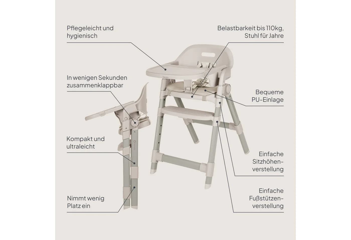 Lionelo Hochstuhl MATT 5in1 Beige Sand Klappbar mit 5-Punkt-Gurten
