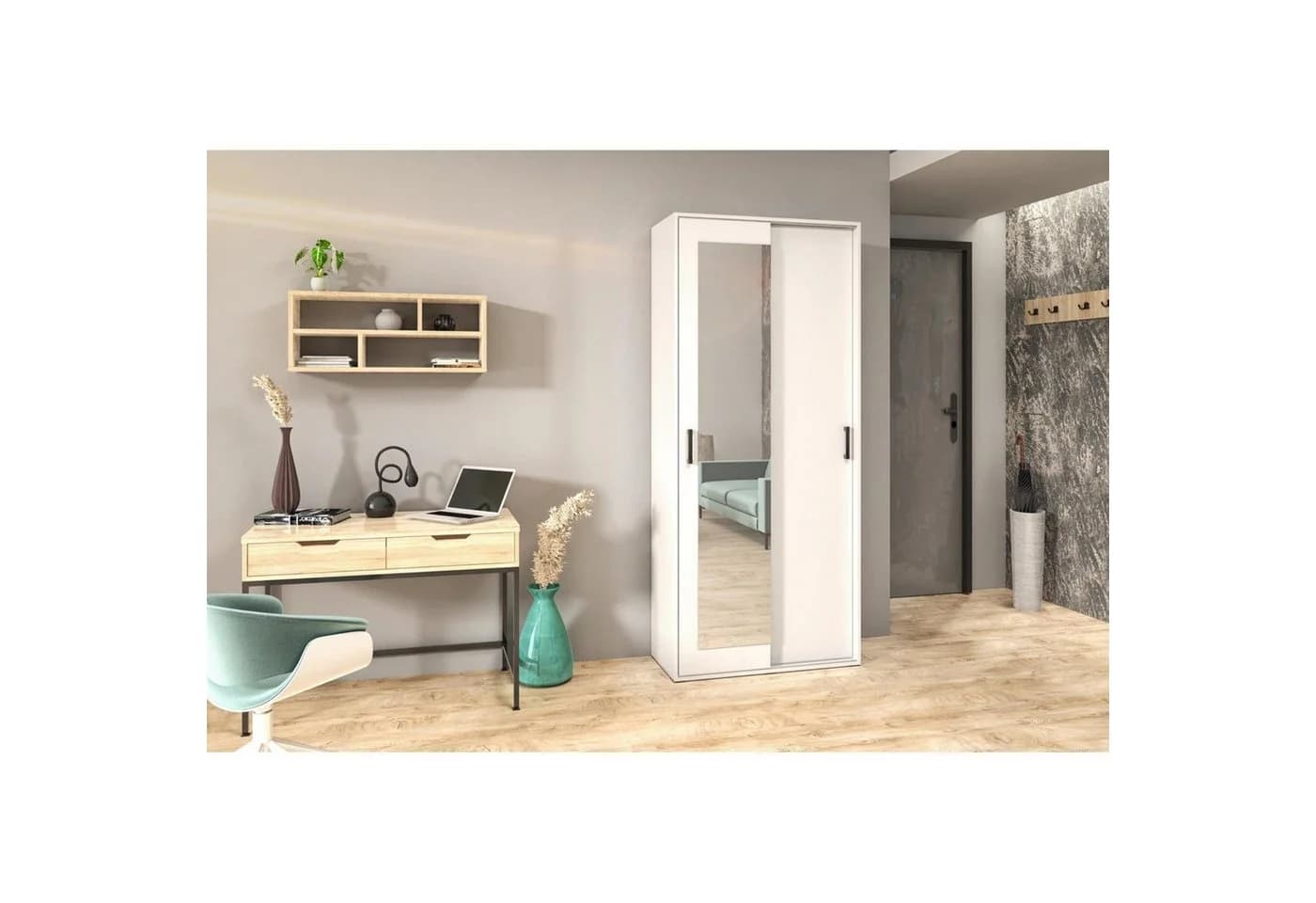 Beautysofa Garderobenschrank LANO mit Spiegel und Schiebetüren Weiß