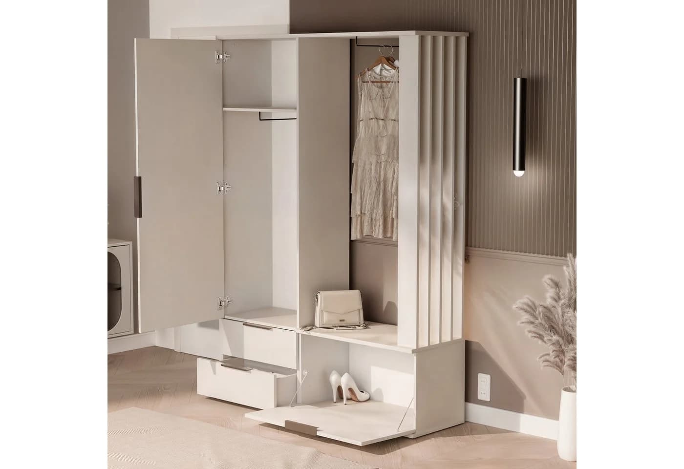 Filo Garderobe mit Spiegel Sandbeige Sitzbank Schubladen