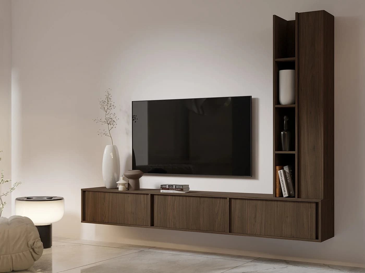 Beautysofa Wohnwand VERO 2-teilig TV-Lowboard & Hochschrank Japandi Braun