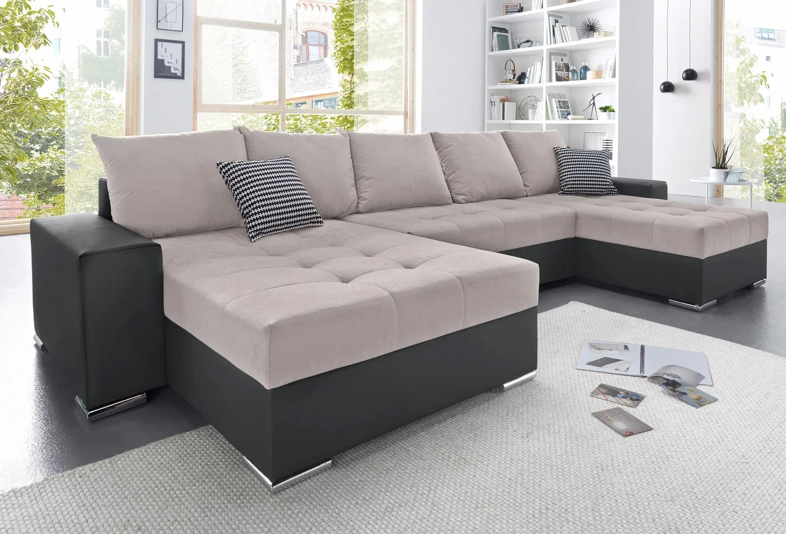 COLLECTION AB Josy XXL Wohnlandschaft U-Form Schwarz/Hellgrau mit Bettfunktion