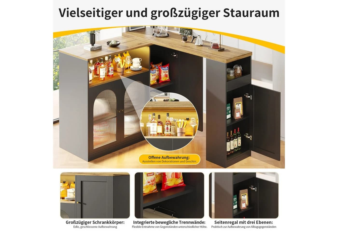 i@home 360° drehbarer Bartisch Sideboard mit LED und Glas