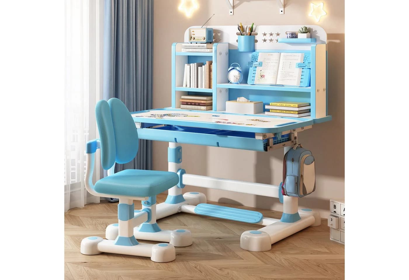 Rutaqian Kinderschreibtisch-Set Höhenverstellbar Blau Ergonomisch