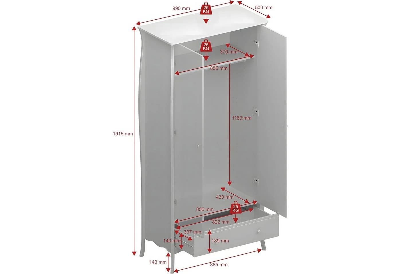 ebuy24 Kleiderschrank Simon 1 Schublade 2 Türen Grau