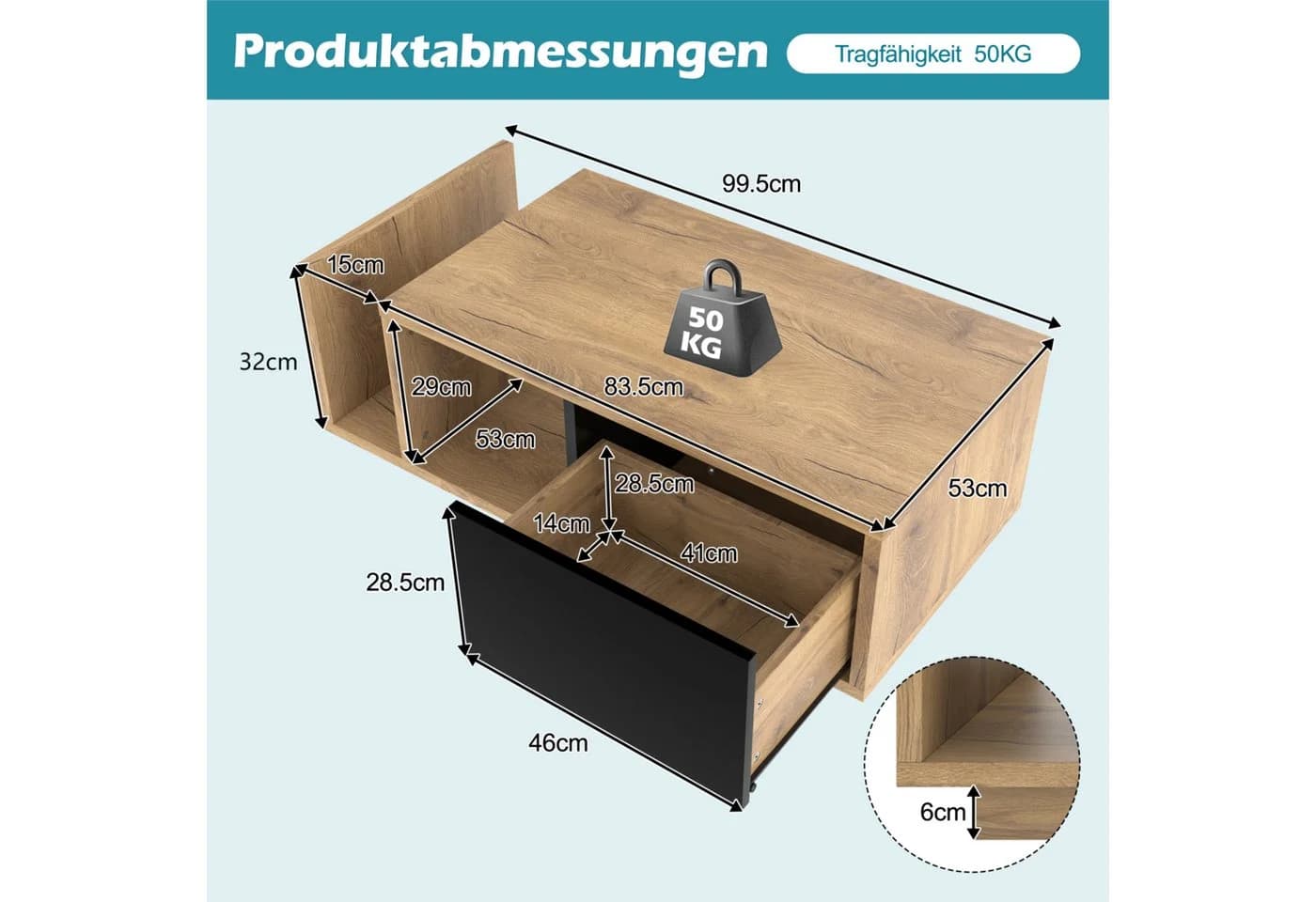 LVHOM Couchtisch Retro Sideboard mit LED & Cleverem Stauraum Holz-Metall-Design