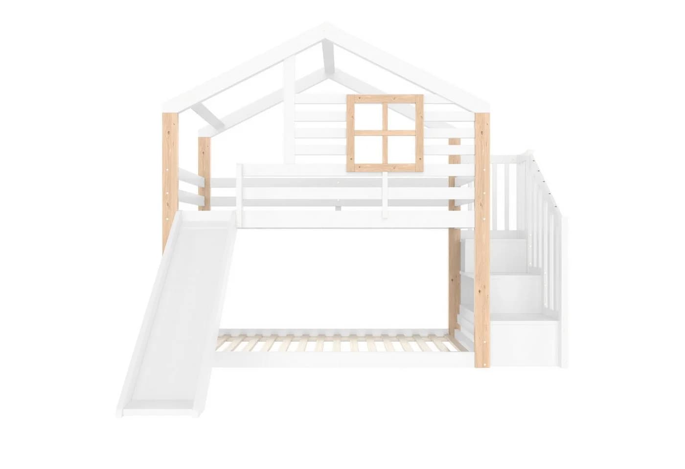 LVHOM Kinderbett Spiel-Spitze Etage mit Rutsche und Treppe, Rundum-Geländer, Holzrahmen