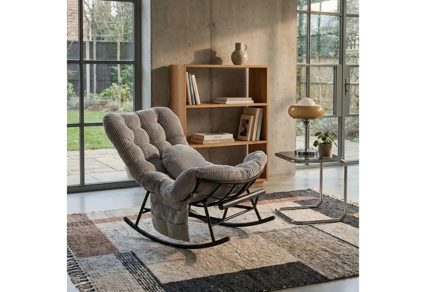 LVHOM Schaukelstuhl mit ausziehbarer Fußstütze, gepolstertem Kissen, Metallgestell, Monddesign, Seitentaschen, ergonomisch