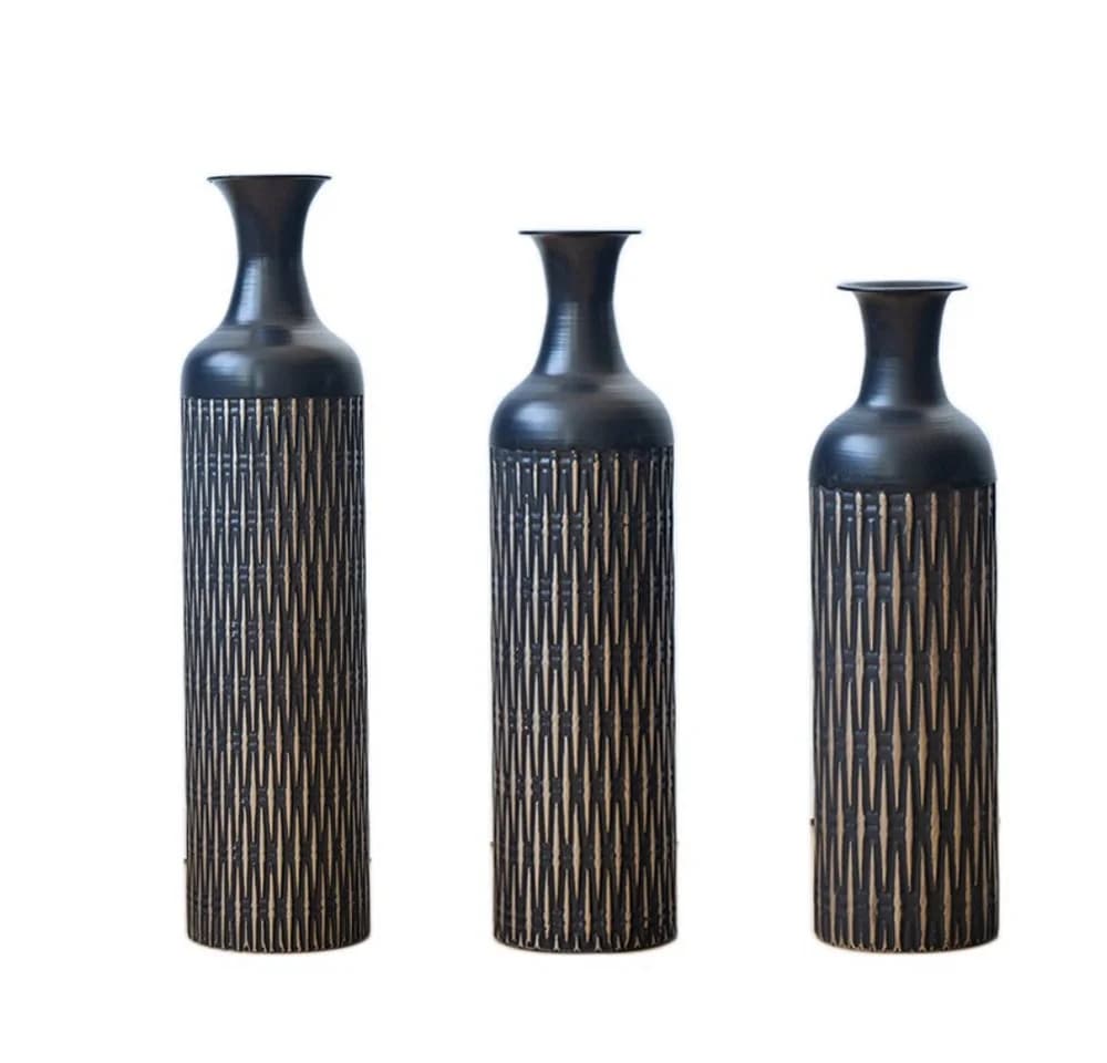 LVHOM Dekovase Bodenvase, Tischvase, 3 tlg. Geometrisches Metall-Vasen-Set, Schwarz