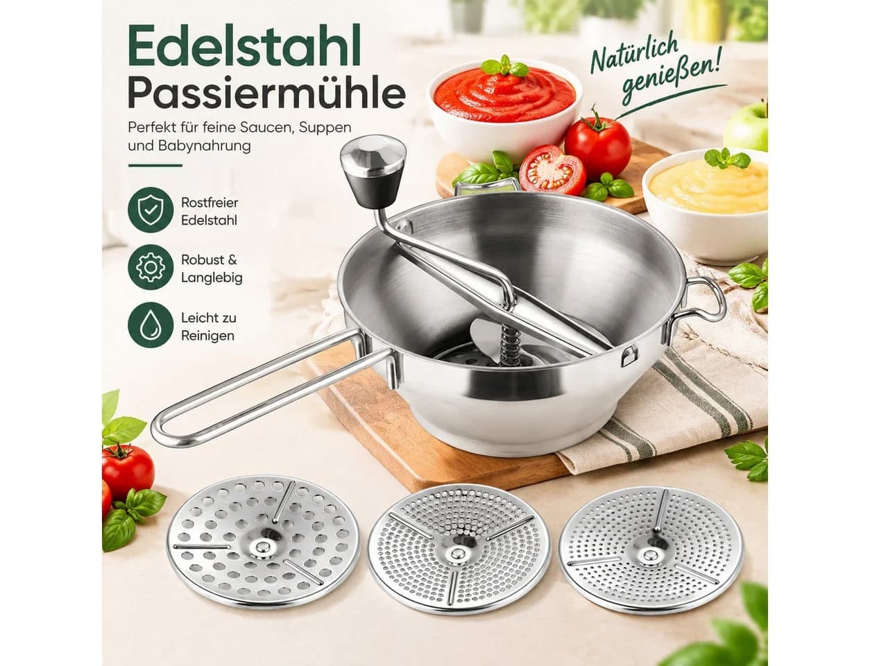 MC Star Passiermühle Edelstahl mit 3 Siebeinsätzen Silber