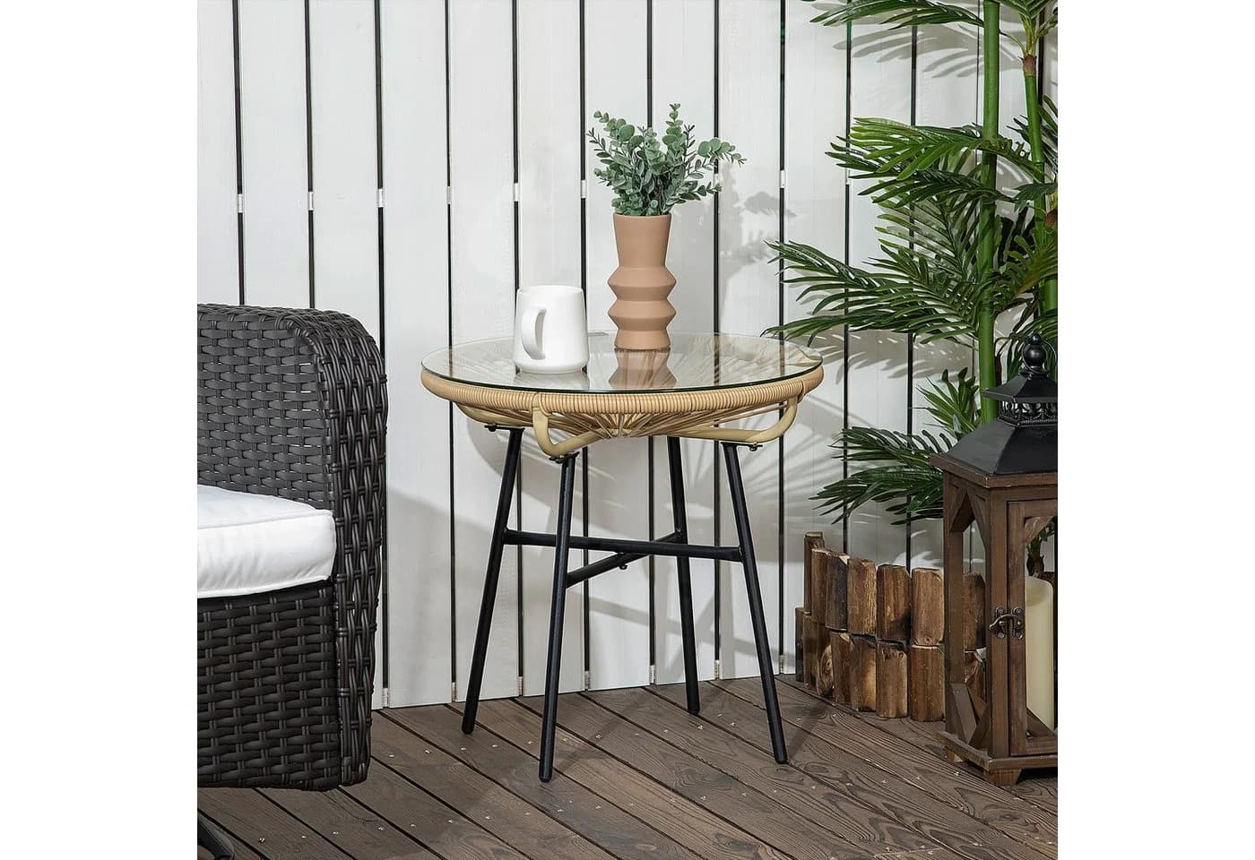 MC Star Gartentisch Boho-Stil PE-Rattan Glas Beige