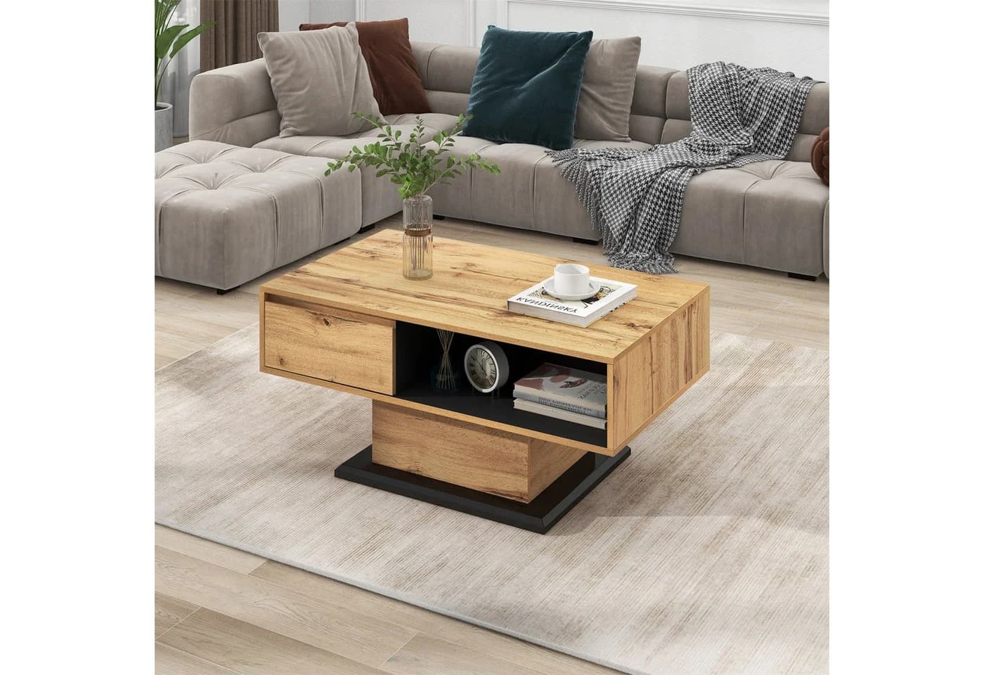 XDeer Couchtisch Eiche Anthrazit mit Stauraum und Schubladen