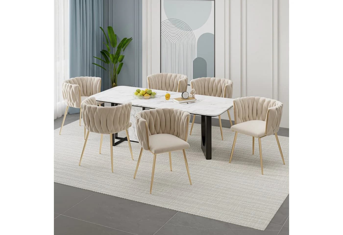 LVHOM Esszimmerstuhl Set 6-tlg. Beige Samt Goldener Rahmen