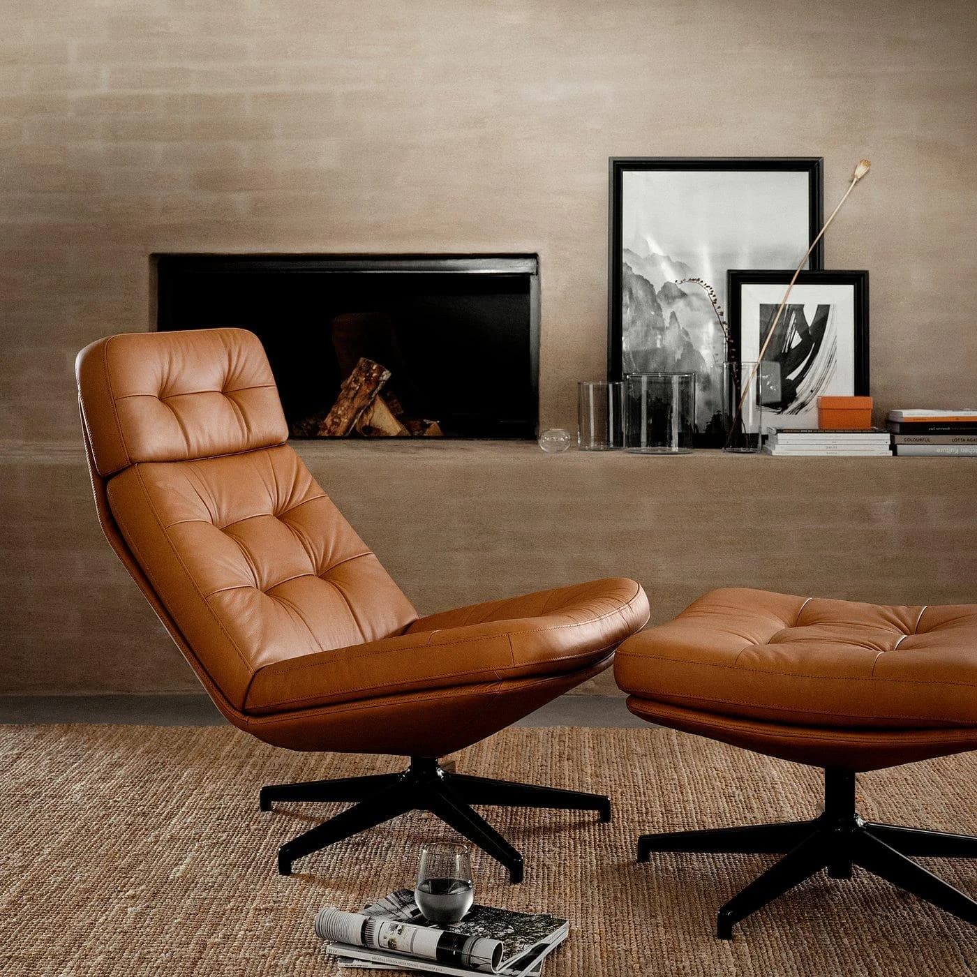 IKEA HAVBERG Drehsessel und Hocker goldbraun Leder