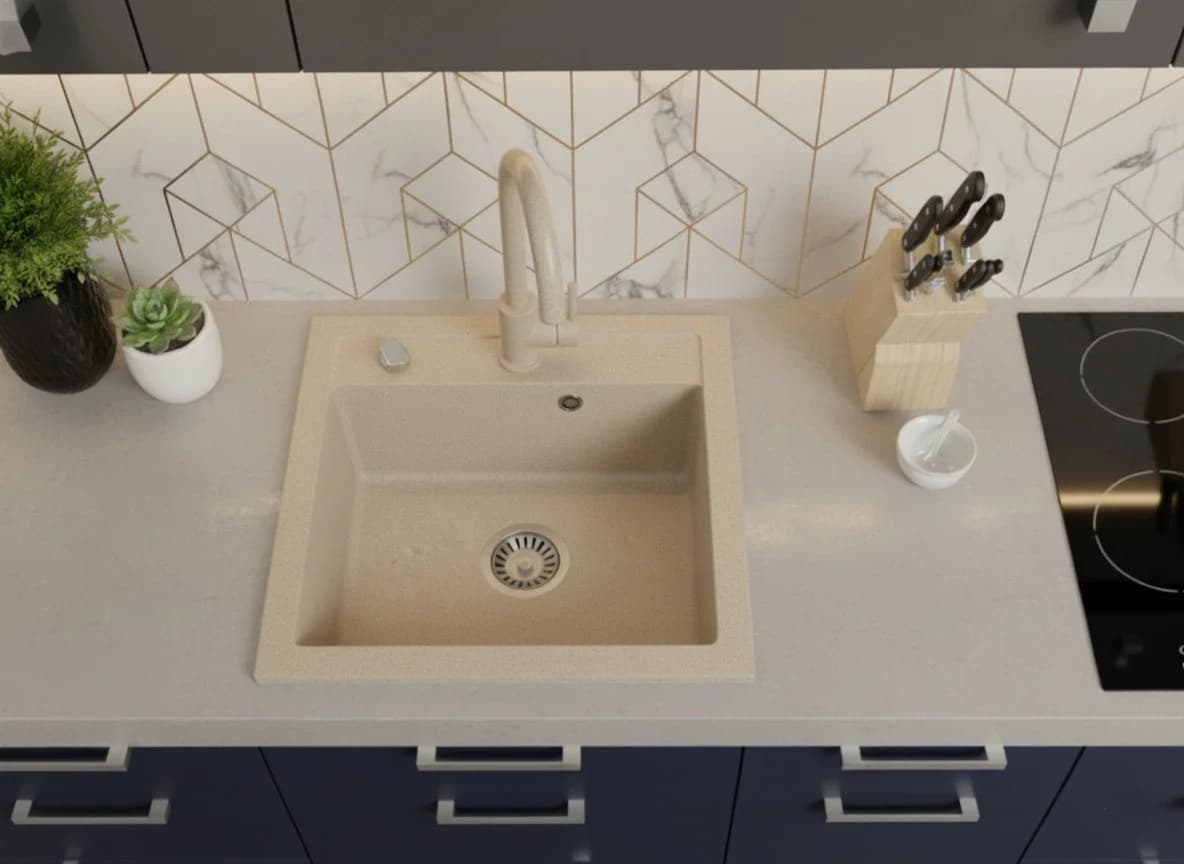 Faizee Möbel Granitspüle Eckig Beige mit Siphon