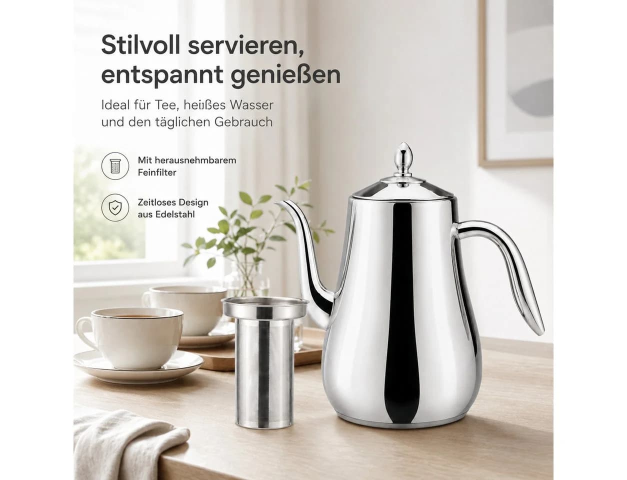 Tekoo Teekanne Edelstahl Wasserkessel 1,55 L Schwanenhals
