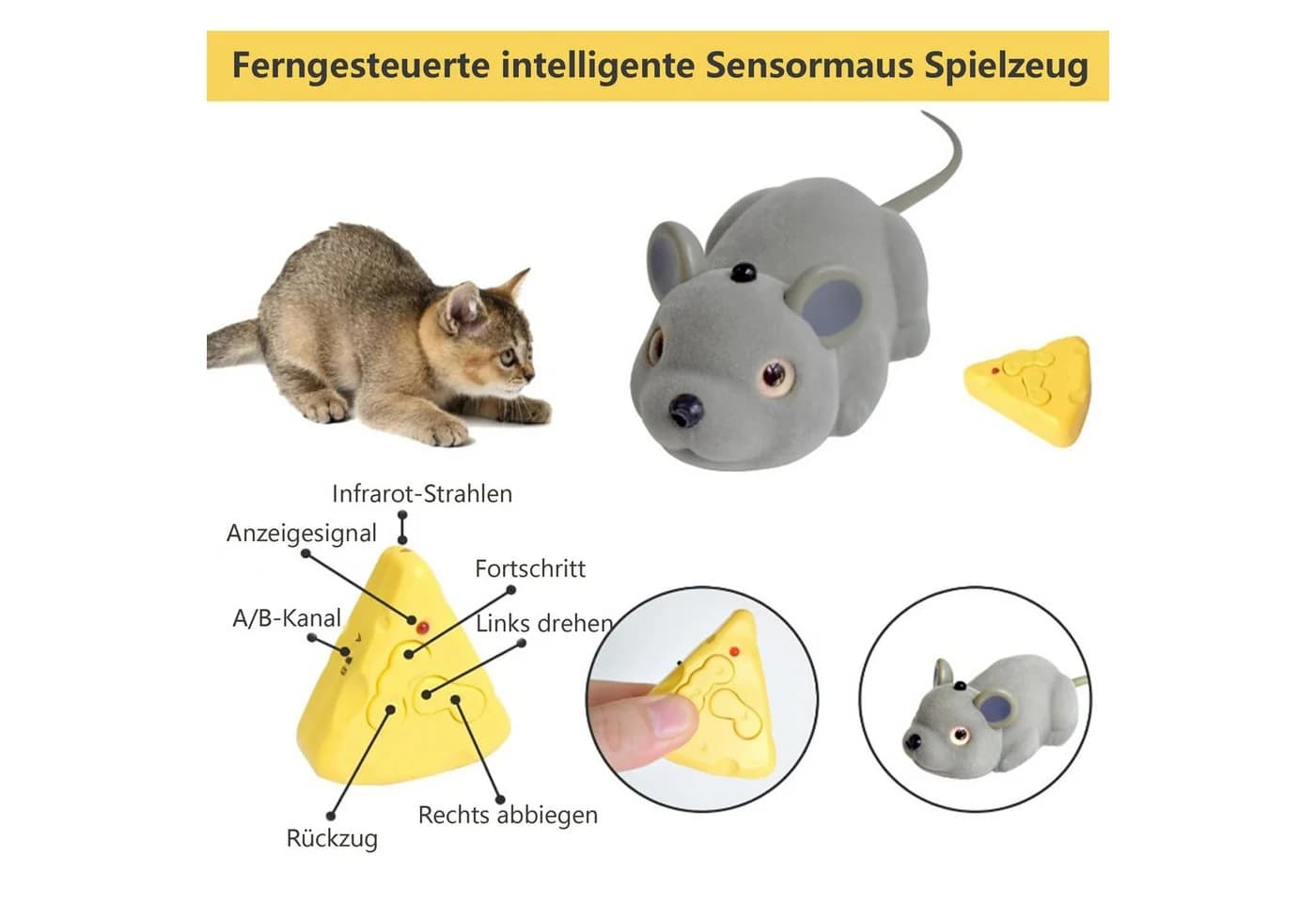 KINSI Interaktives Katzenspielzeug Maus mit Sensor & Fernbedienung