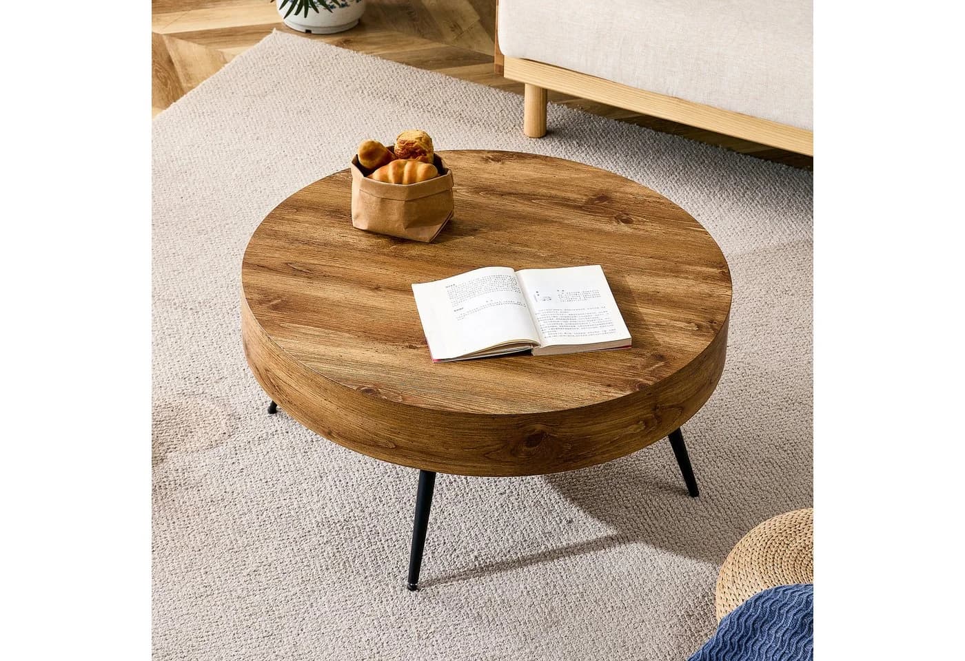 i@home Couchtisch Runder Kaffeetisch 70 cm Durchmesser Holzoptik Schwarz Metallbeine