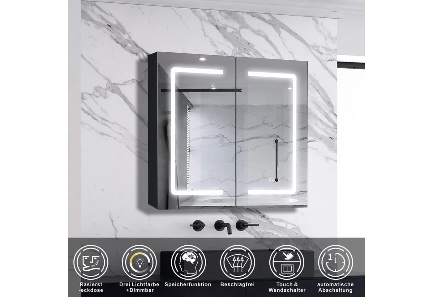 Aica LED Spiegelschrank mit Steckdose, Weiß Matt/Hochglanz Schwarz
