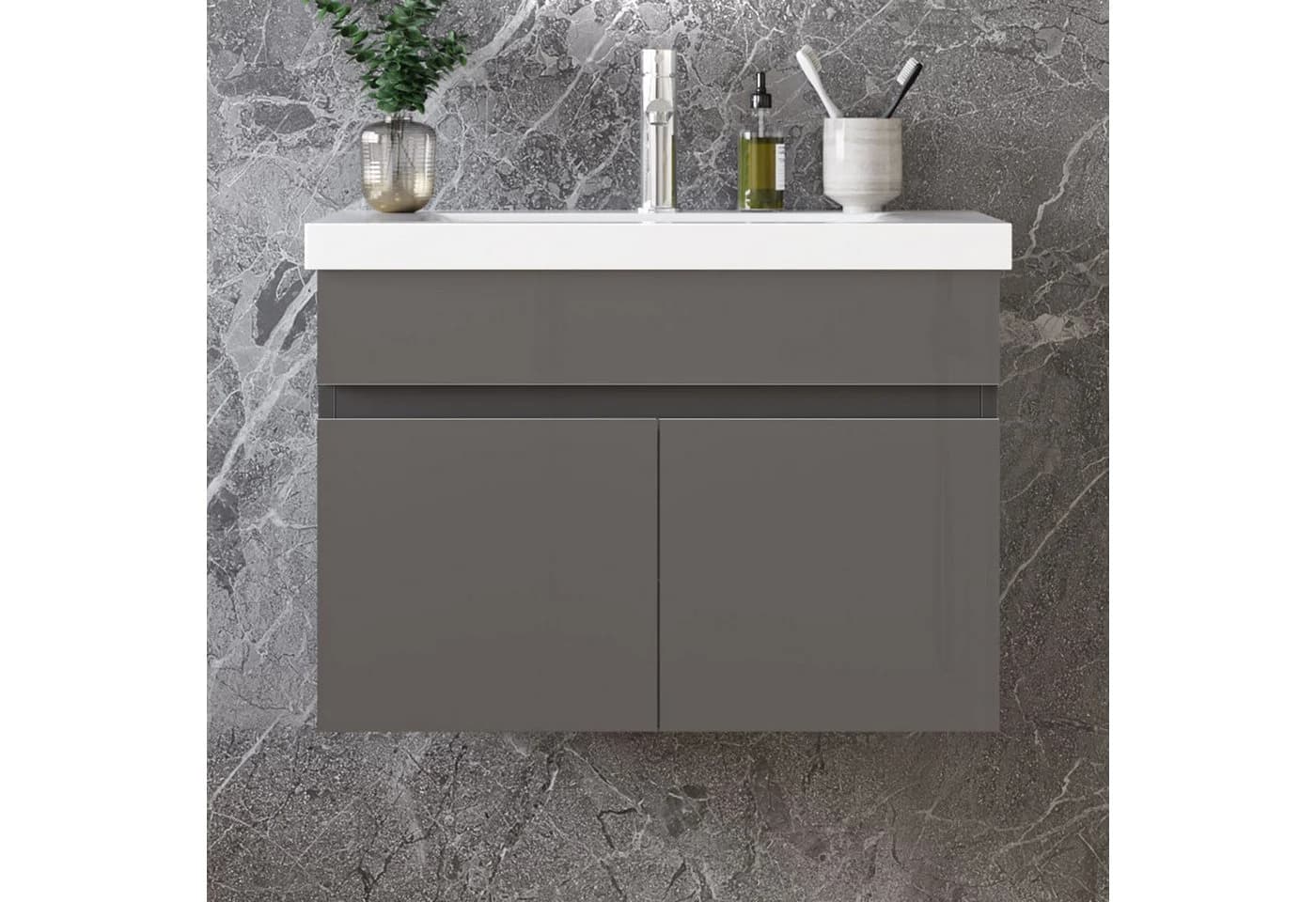 duschspa Waschtischunterschrank mit Waschbecken Hochglanz Grau Softclose