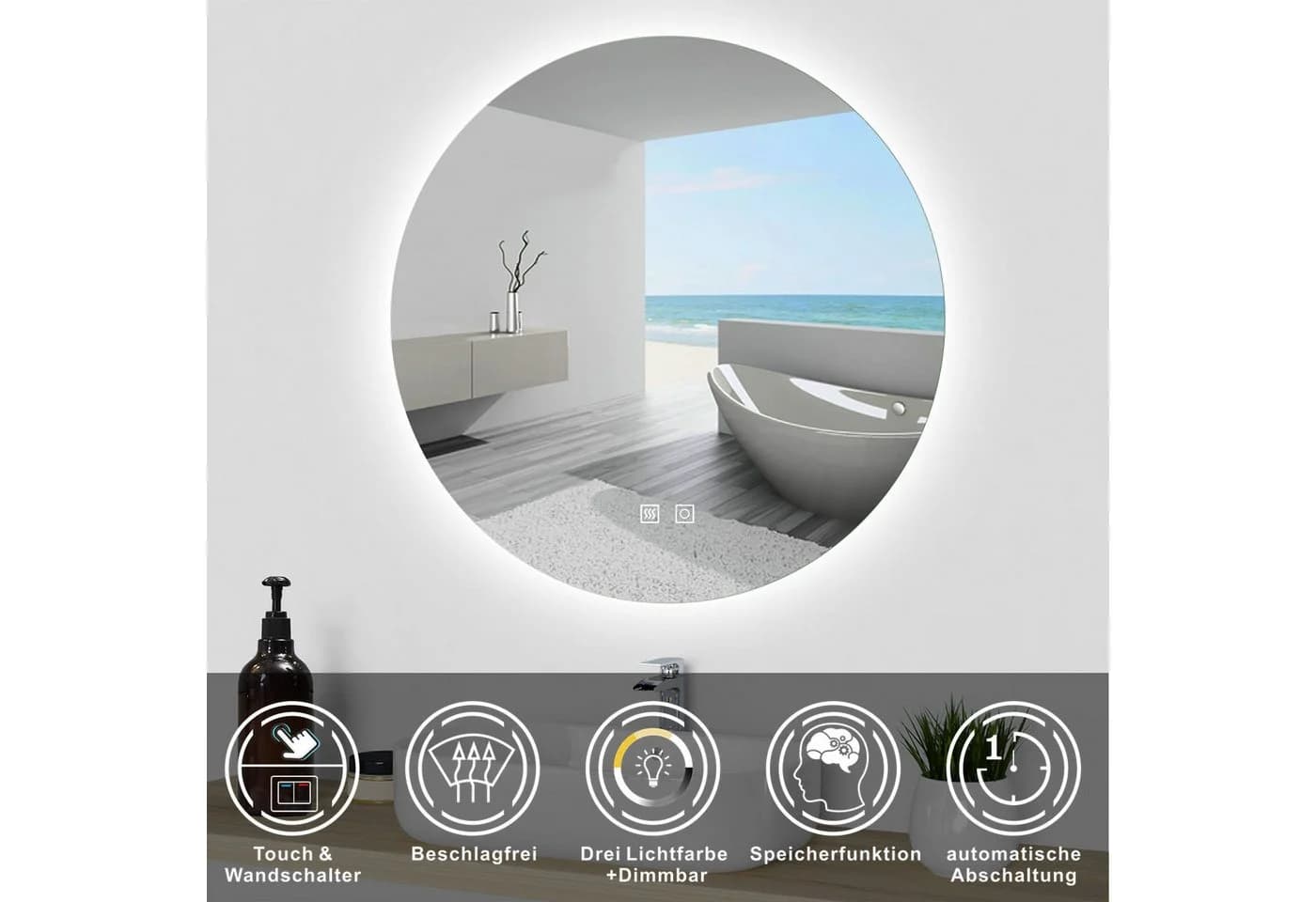 duschspa LED Badspiegel Rund Ohne Rahmen Mit Touch-Schalter