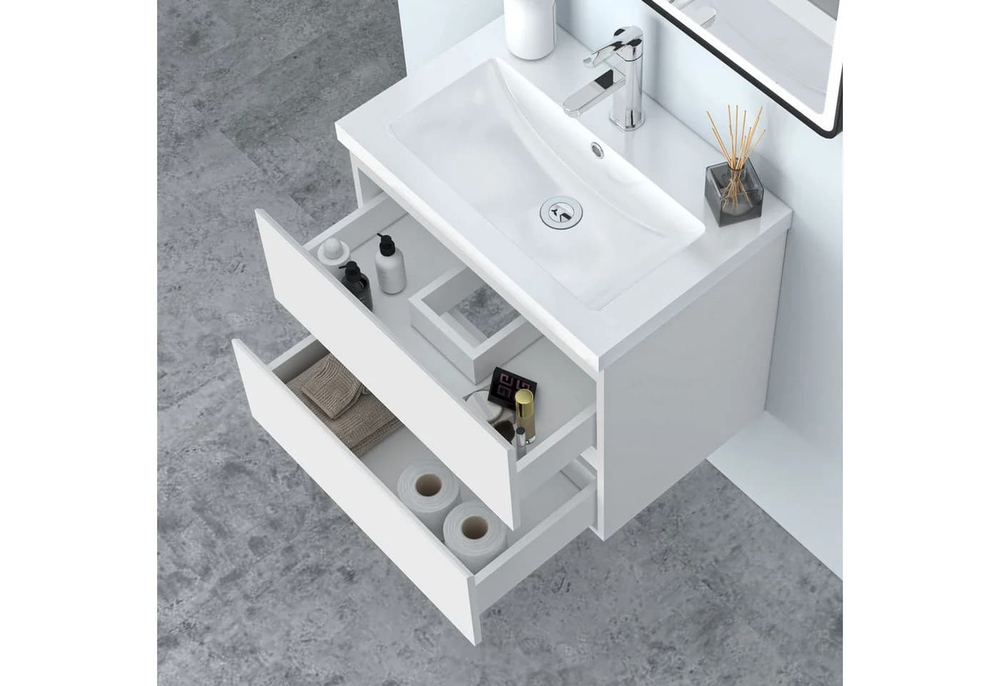 Aica Sanitär Waschtisch mit Unterschrank und Kunststein-Becken, Mattenweiß