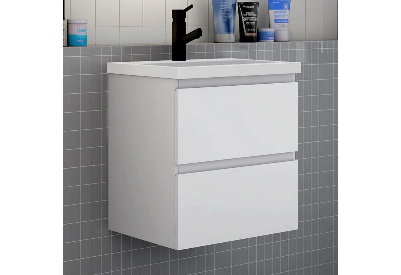 Aica Sanitär Waschtisch mit Unterschrank Weiß Kunststein Softclose