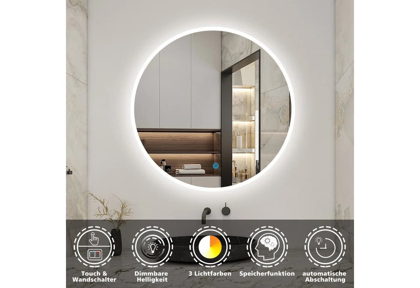 Aica Sanitär Badspiegel Rund LED Dimmbar IP44 Touch