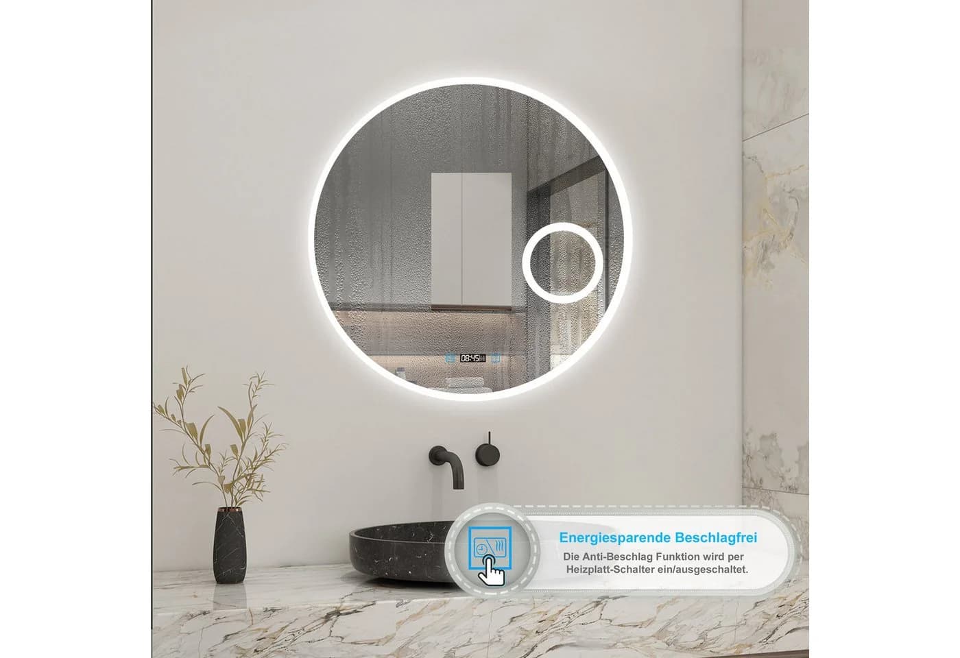 Aica Sanitär Badspiegel Rund LED Dimmbar Antibeschlag 3x Lupe