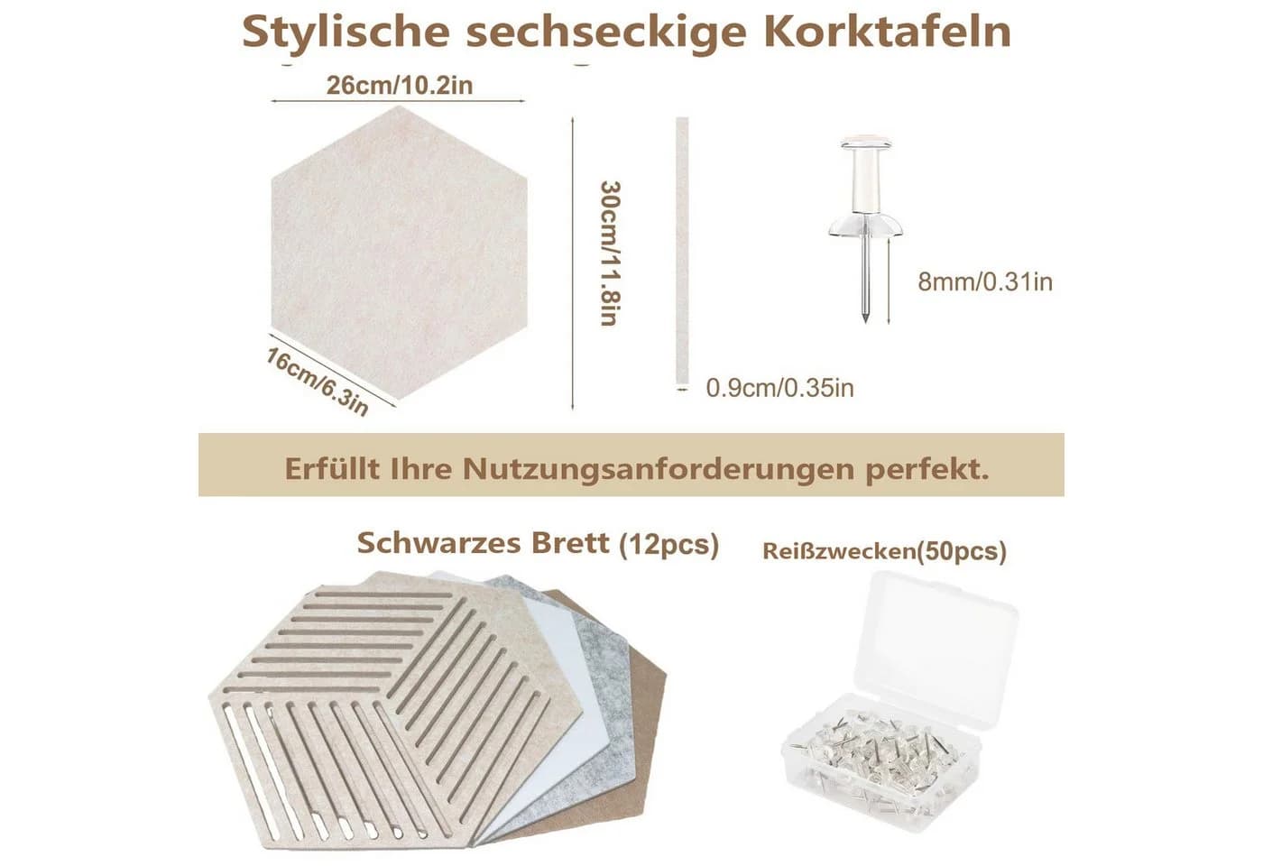 Agger Hexagon Pinnwand Set 12-teilig Kork mit 50 Pushpins