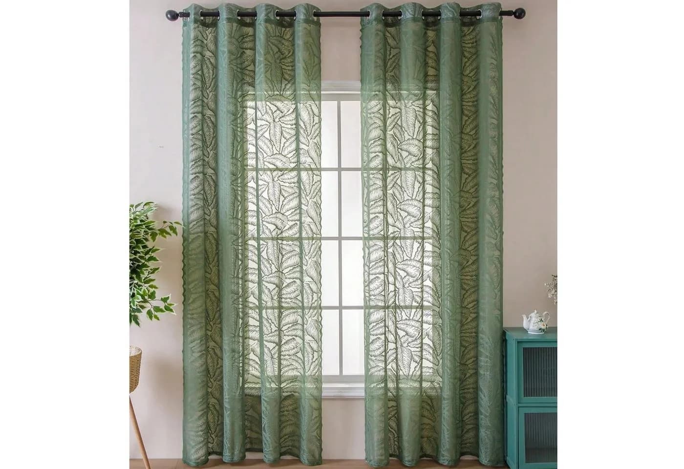 Agger Gardine Grün mit Blattausschnitt, Transparent Voile, Ösenaufhängung