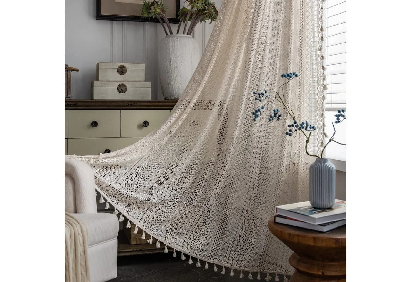 Agger Boho-Spitzengardine Beige Gehäkelter Makramee-Vorhang mit Quasten
