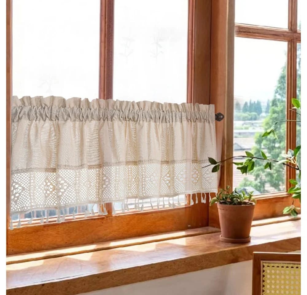 Agger Scheibengardine Modern Leinen Look Beige Fransenborte