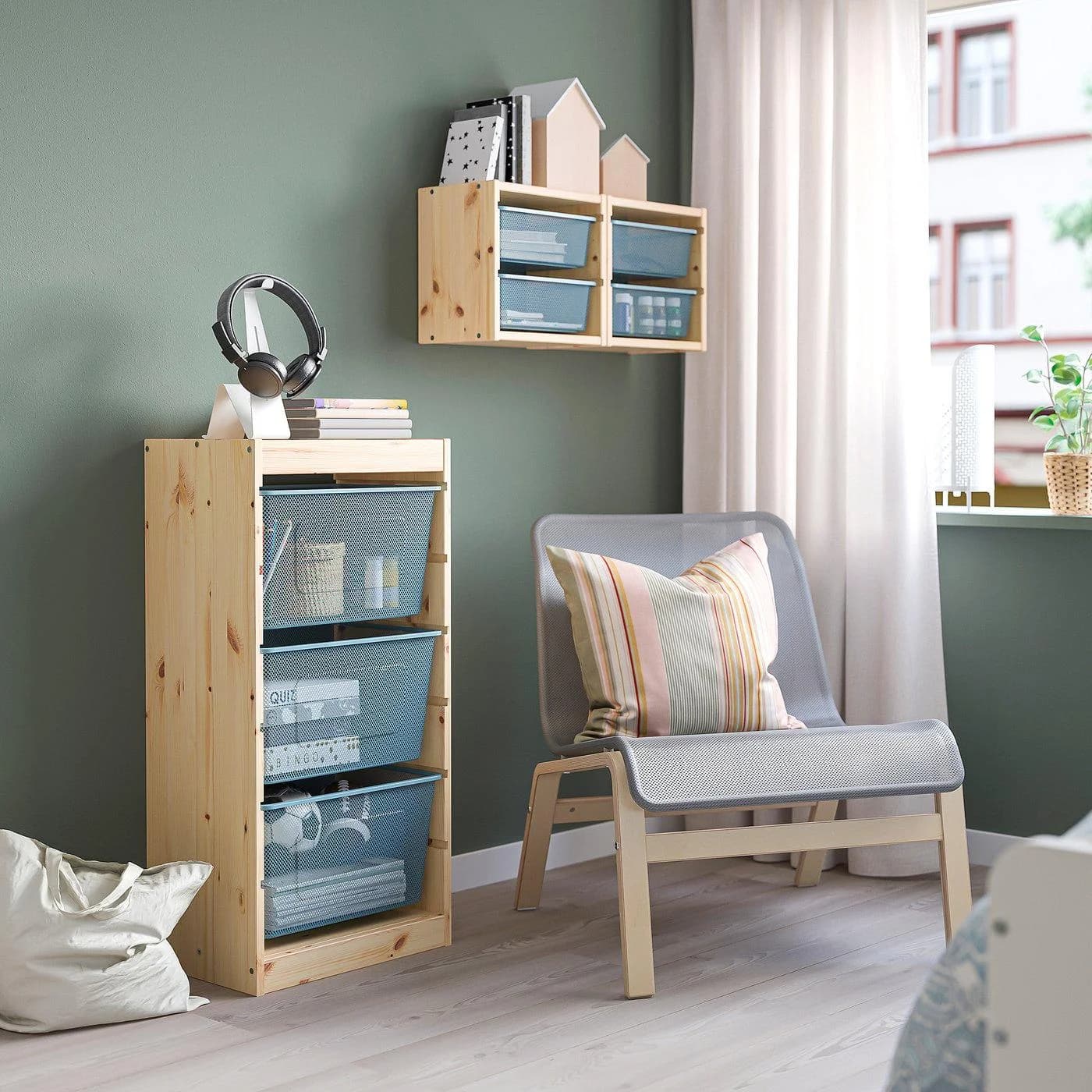 IKEA TROFAST Aufbewahrung mit Boxen Kiefer Weiß Graublau