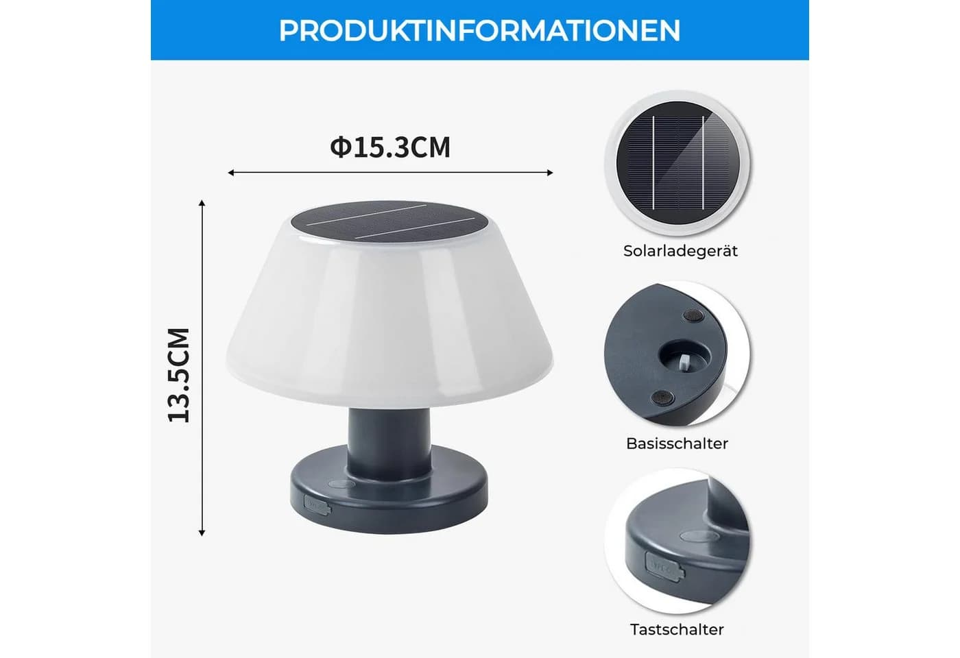 PRIISF LED Solar Tischleuchte Dimmbar IP54 Schwarz/Weiß