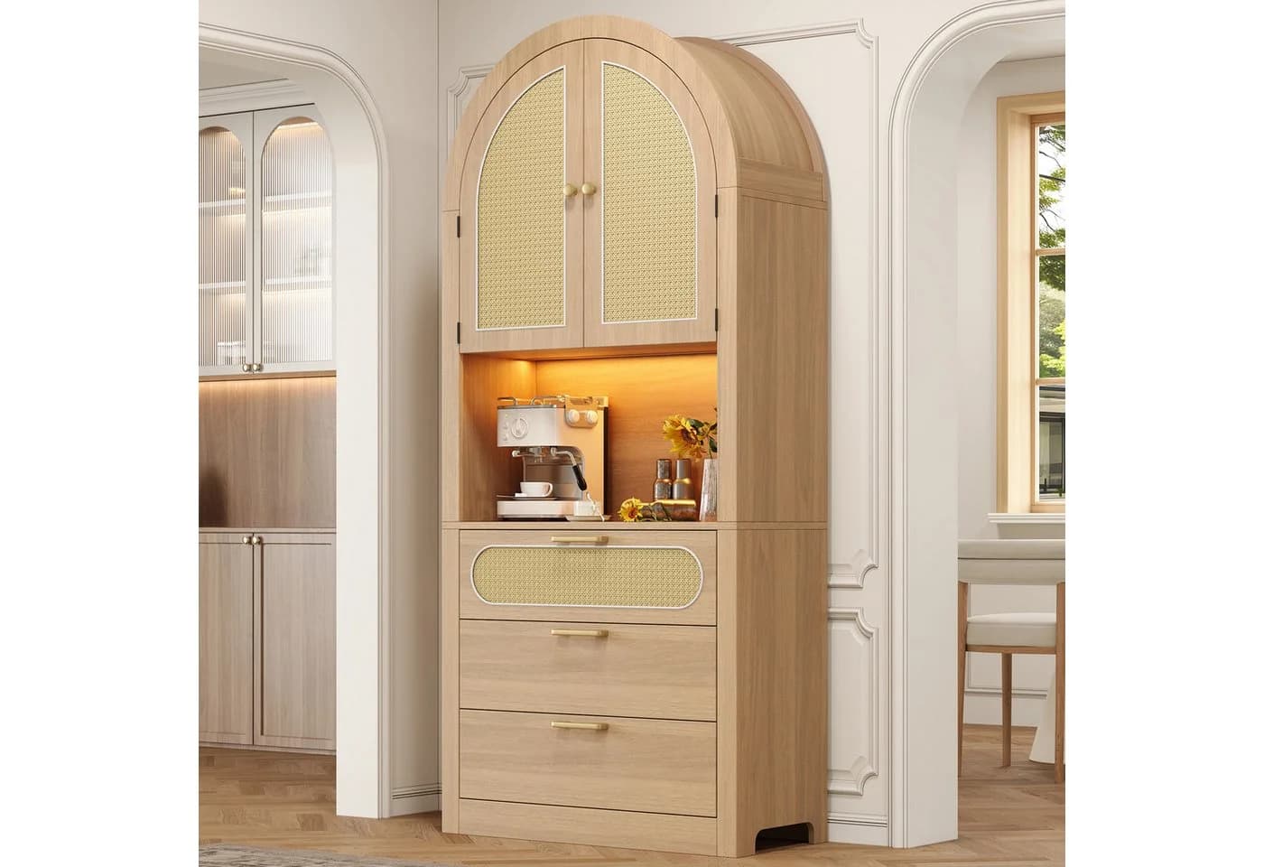 i@home Hochschrank mit LED-Beleuchtung und Rattan-Türen