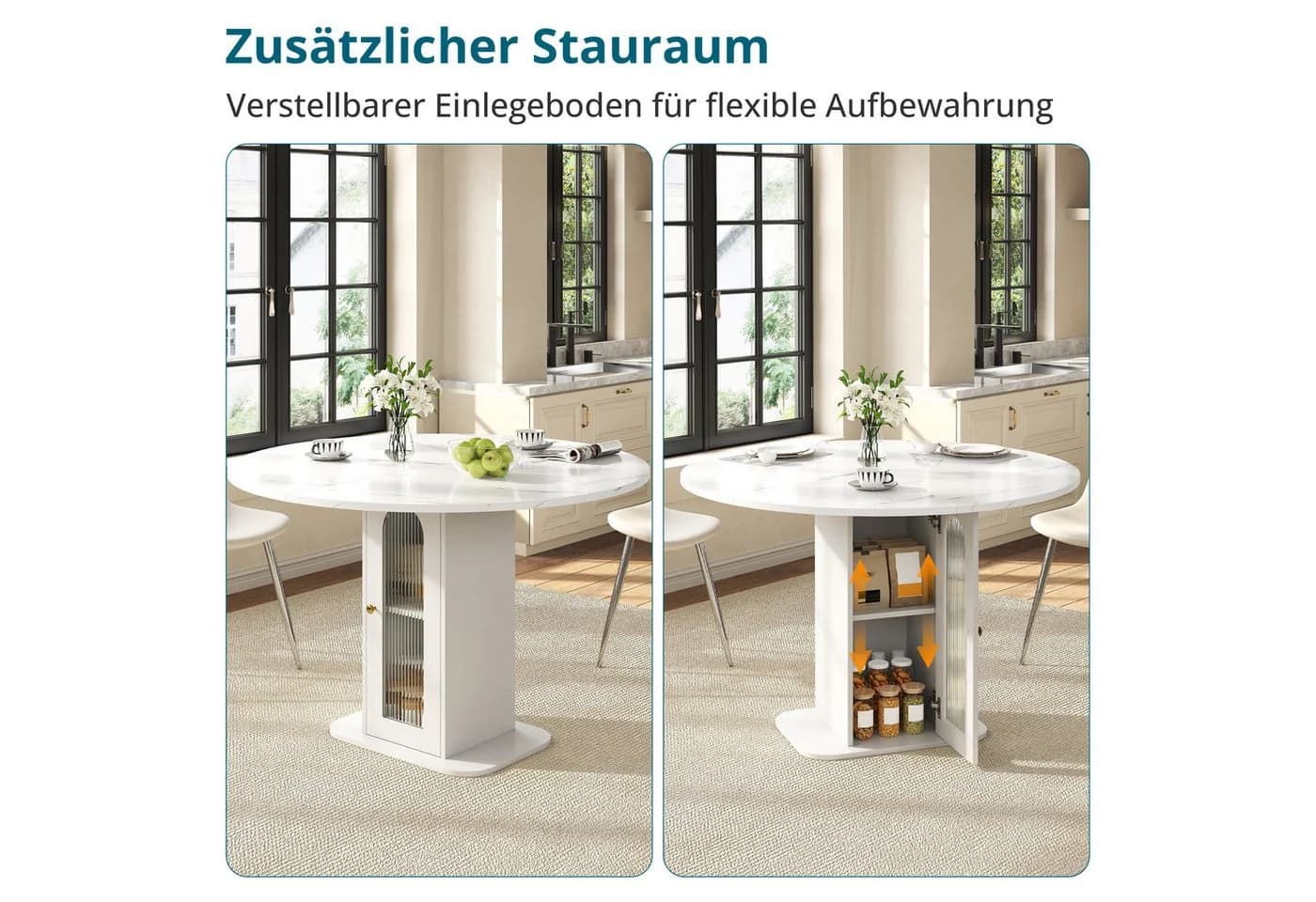 i@home Runder Esstisch mit Stauraum und Riffelglas-Tür Weiß