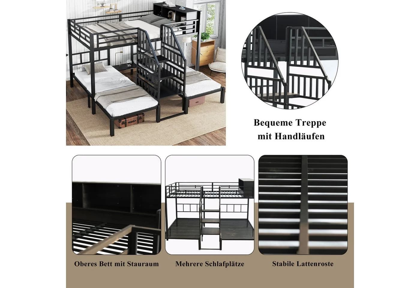 i@home Etagenbett Schwarz Metall mit Treppe und Stauraum