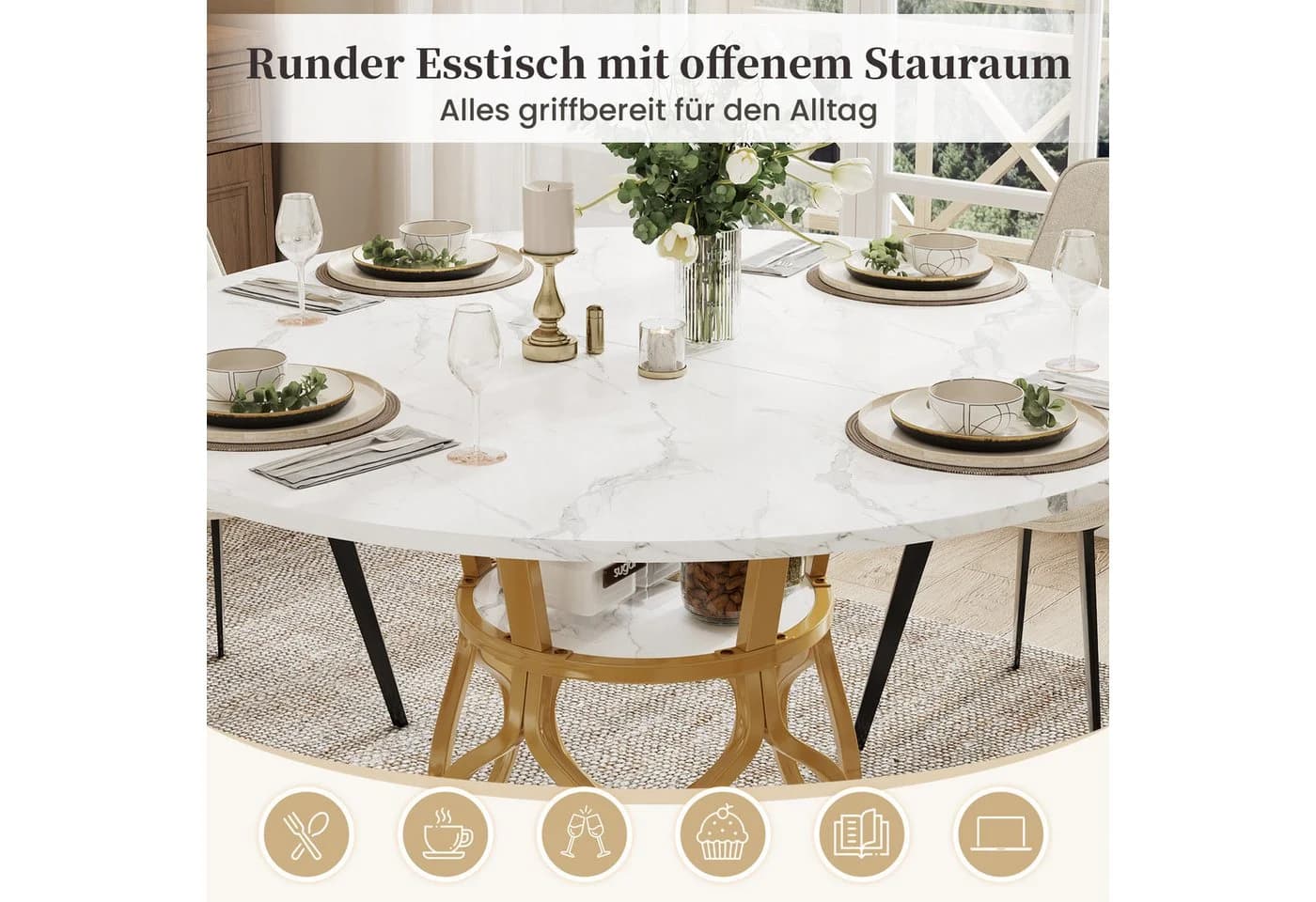 i@home Runder Esstisch 100 cm Marmoroptik Weiß Metallgestell