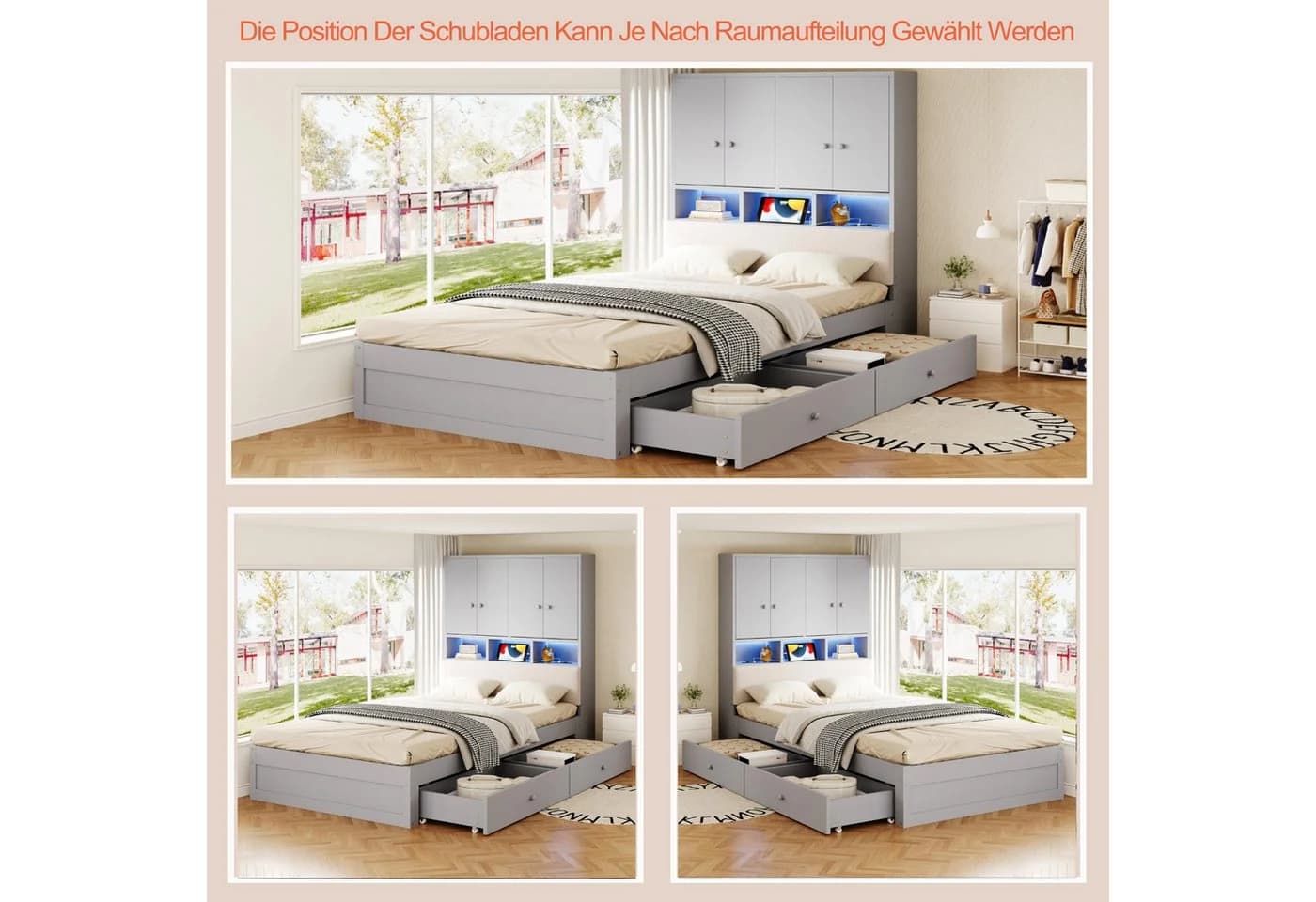 i@home Stauraumbett mit LED & Steckdose Grau