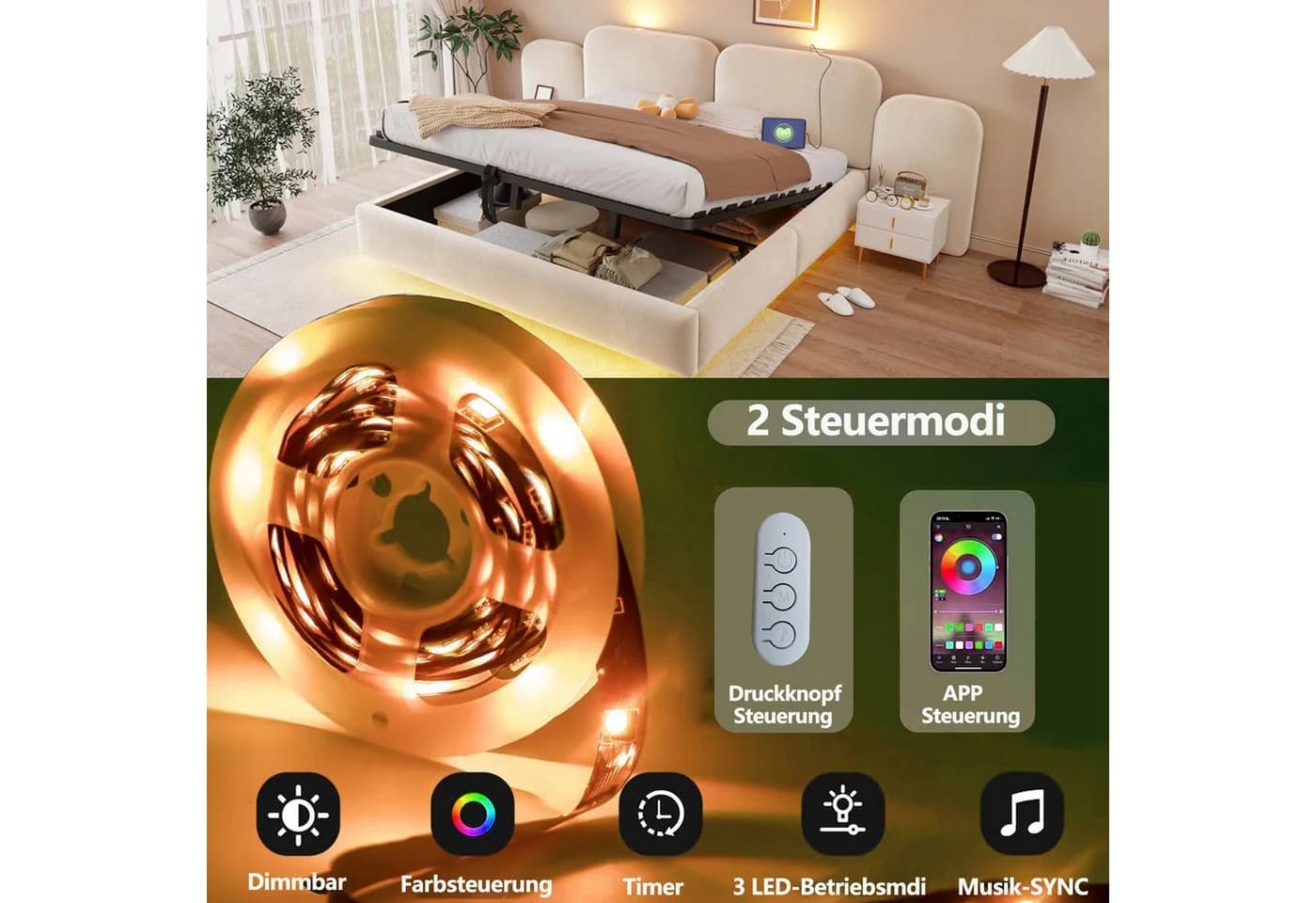 i@home Polsterbett 180x200 mit Stauraum, LED & Steckdosen Beige Samt